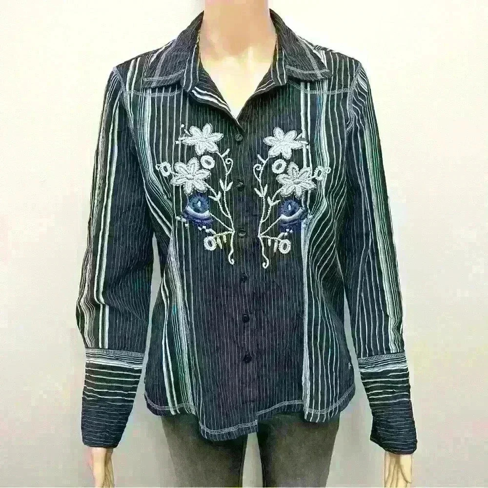 Vintage Y2K Boho Floral Embroidery Stripes Button  Down Blouse Shirt.